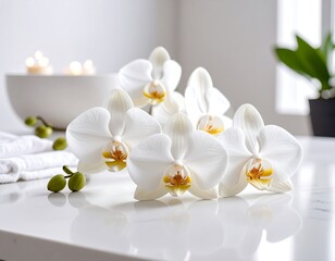 Obraz premium White orchids on a white surface with candles