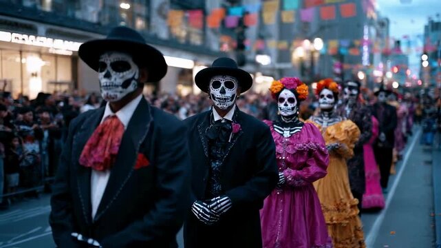 People in la catrina and skeleton costumes with sugar skull makeup stand in a street procession, capturing the solemn and festive spirit of the mexican dia de los muertos tradition