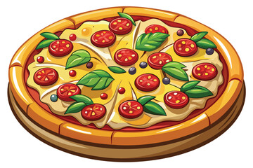 Delicious Cartoon Pizza with Tomatoes and Basil Toppings A Visually Appealing and Mouthwatering Food Illustration