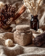 Rustic decorative elements featuring a woven jar surrounded by dried flowers and textured fabric in warm earthy tones