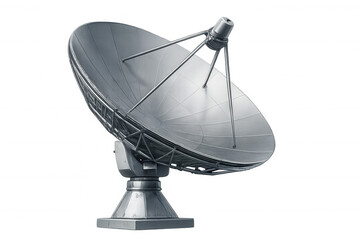 Large metallic satellite dish pointing towards space, receiving and transmitting data with spacecraft, isolated on transparent background