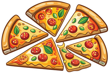 Colorful Cartoon Pizza Slices with Various Toppings and Fresh Basil Leaves Arranged Artistically on a White Backdrop