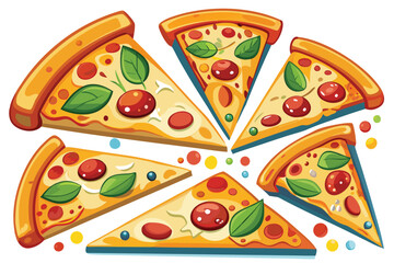 Colorful Cartoon Pizza Slices with Various Toppings and Fresh Basil Leaves Arranged Artistically on a White Backdrop