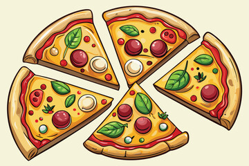 Colorful Cartoon Pizza Slices with Various Toppings and Fresh Basil Leaves Arranged Artistically on a White Backdrop