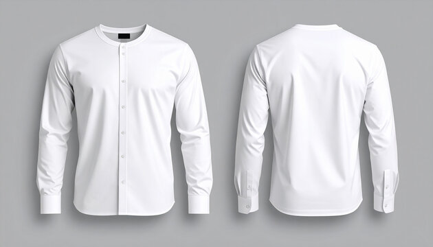Realistic Rendered White Long Sleeve Mandarin Collar Shirt Apparel Mockup