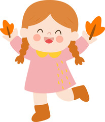 Cute Thanksgiving Girl with Autumn Leaves &ndash; Fall Cartoon Character