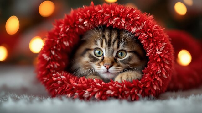 Fluffy Siberian tabby cat peeking from a red Christmas stocking with festive lights in the background