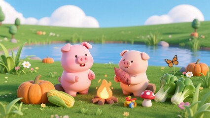 Two cartoon pigs enjoying a picnic by a pond with pumpkins and flowers in a sunny meadow
