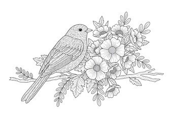 Fototapeta premium Charming bird perched on a branch amidst delicate floral blooms, perfect for nature art