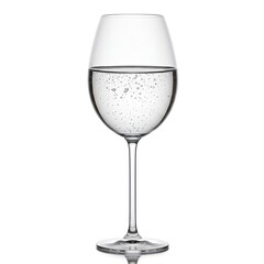 A Clear Glass Wine Goblet Filled With Refreshing Sparkling Water Showing Tiny Bubbles and Reflections Against a White Background	