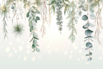 Obraz premium Hanging eucalyptus and fluffy plants with delicate pastel colors, white background, soft lighting, vector illustration