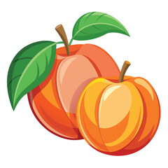 Vibrant Peach Still Life Illustration with Halved Fruits and Green Leaves for a Fresh and Appetizing Composition