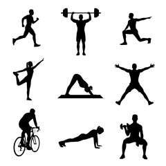 Silhouette Fitness Icons Set Featuring Running, Weightlifting, Yoga, Cycling and More for Health and Wellness Stock Use