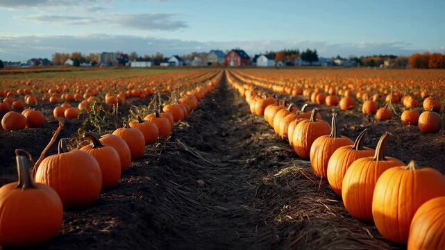 Rows of ripe orange pumpkins stretch across a vast field at sunset, a scenic view of an autumn harvest ready for picking, representing agricultural abundance and seasonal traditions