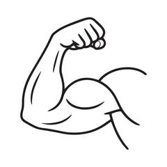 Line art illustration of a flexed strong arm with biceps and clenched fist, symbolizing strength, fitness, power vector