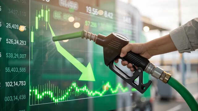 Economic impact shown by green arrow and fuel nozzle held in hand with falling oil prices and downward stock market graph