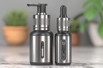 Two dark gray/black cosmetic bottles, one pump, one dropper, on marble surface, with blurred greenery background