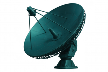 Teal satellite dish receiving radio signals, representing advanced communication technology with clean, transparent backdrop highlighting connectivity