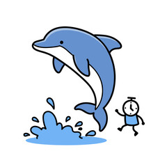 Fototapeta premium Dolphin jumping out of water with clock character