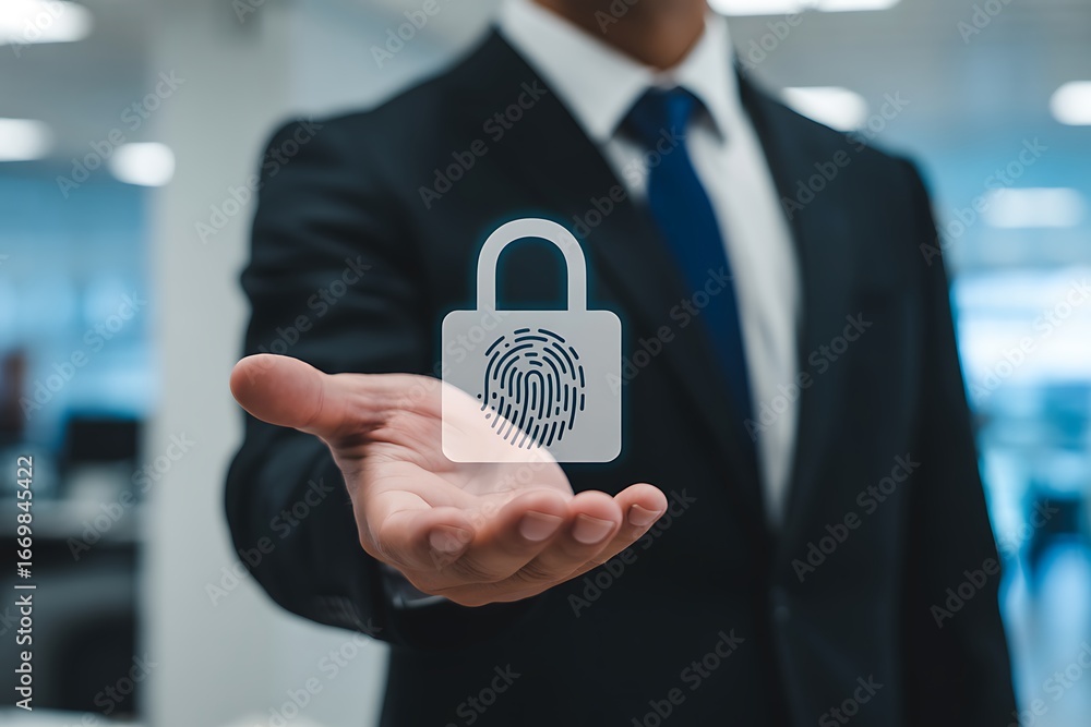 Aufkleber businessman in a suit presenting a glowing digital padlock with an integrated fingerprint scanner, s
