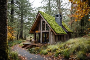 Cozy woodland cabin with a moss-covered roof and forest surroundings.
