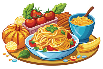 Vibrant Pasta Plate with Tangy Tomatoes, Crispy Fries, and Zesty Lemon Wedges Showcasing an Appetizing and Colorful Culinary Delight