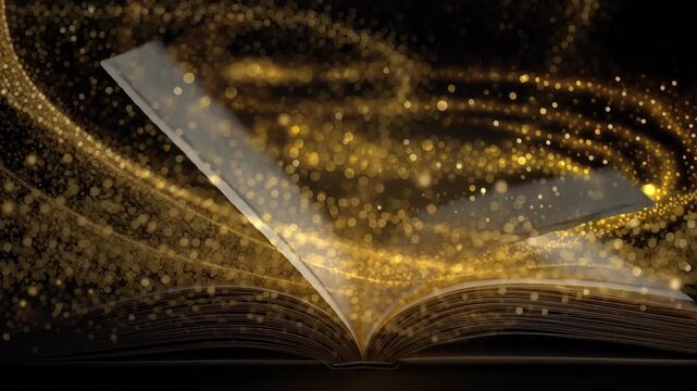 Magic book releasing shimmering light in a dark setting
