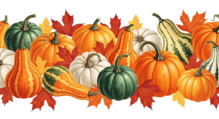 A vibrant assortment of autumn pumpkins and gourds isolated on transparent background