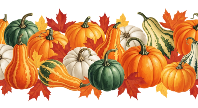 A vibrant assortment of autumn pumpkins and gourds isolated on transparent background