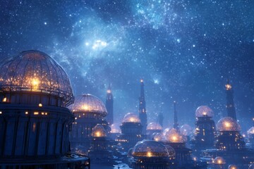 Obraz premium Futuristic space colony with domed habitats and starry sky.