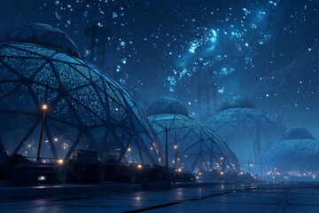 Obraz premium Futuristic space colony with domed habitats and starry sky.