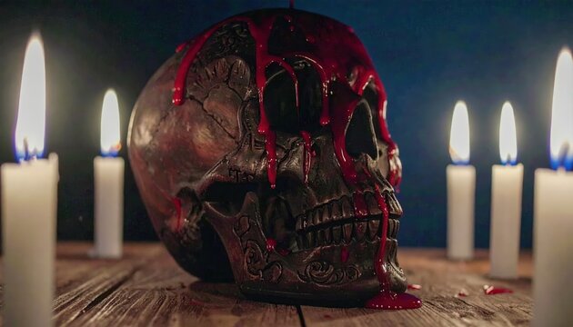 Bloody skull with burning candles in darkness, gothic still life composition, symbol of death, occult ritual, horror and Halloween spooky concept background
