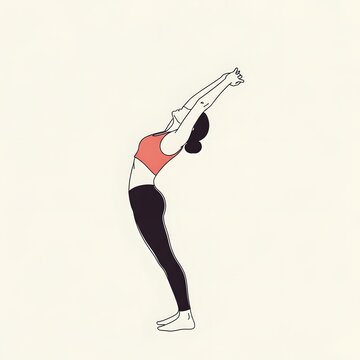 Minimalist illustration of a woman performing a yoga backbend pose, stretching upwards with clasped hands on a plain background.