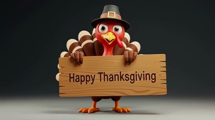 Animation of a cartoon turkey in a pilgrim hat holding a wooden sign with a happy thanksgiving message, a funny character design for festive holiday greetings and celebrations - Powered by Adobe