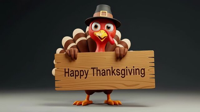 Animation of a cartoon turkey in a pilgrim hat holding a wooden sign with a happy thanksgiving message, a funny character design for festive holiday greetings and celebrations