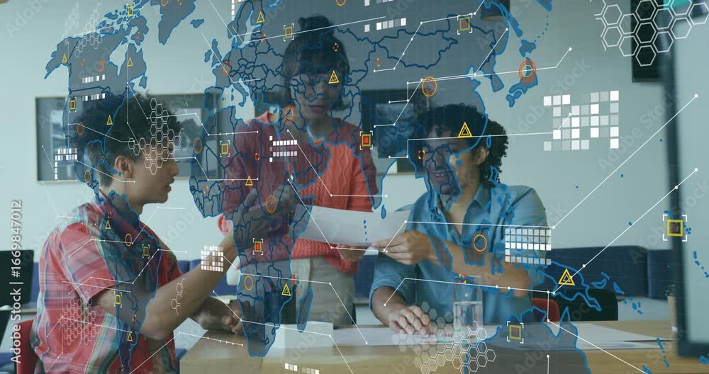Aufkleber lead woman handing diagram at table team examining design model with map overlay and data icons