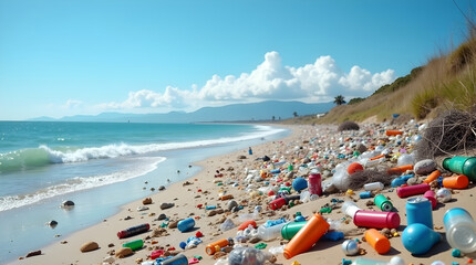 Plastic waste polluting sandy beach on sunny day