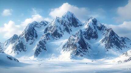 Obraz premium A majestic snow-covered mountain range, with large glaciers and sharp, jagged peaks illuminated by soft afternoon sunlight, creating a dramatic yet tranquil winter landscape. 