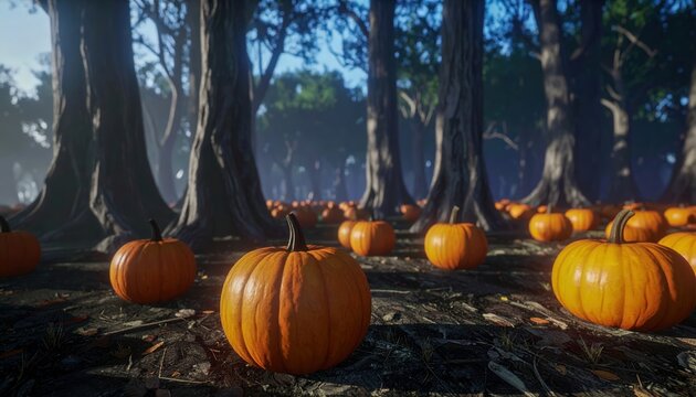 Halloween pumpkins in mysterious dark forest, spooky atmosphere with glowing jack o lanterns on ground, autumn holiday night scene, scary october halloween background illustration - Powered by Adobe
