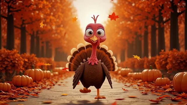 Animation of a cute cartoon turkey character walking down an autumn alley filled with leaves and pumpkins, a festive concept for thanksgiving and family holiday celebrations
