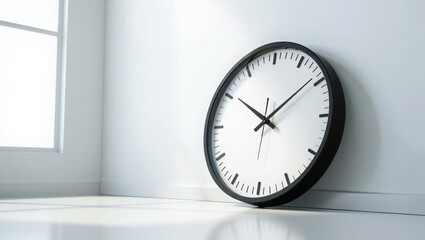 Minimalist Wall Clock Leaning on White Surface with Natural Light and Shadow – Concept of Time and Simplicity