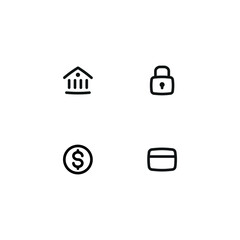 Banking linear icon set. Includes vector outline style icons of building, lock, credit card, coin. Editable stroke.