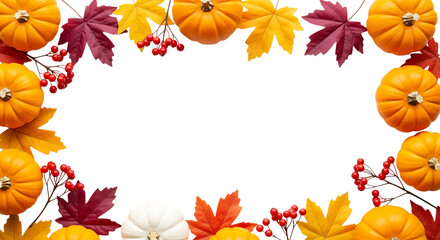 Autumn harvest border featuring pumpkins maple leaves and berries isolated on transparent background