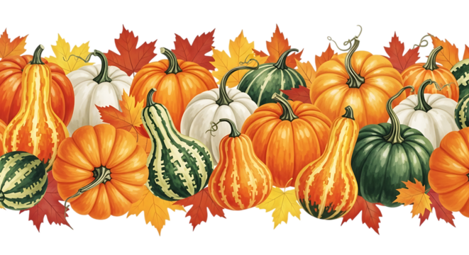Autumn harvest assortment of gourds and pumpkins with fall leaves isolated on transparent background