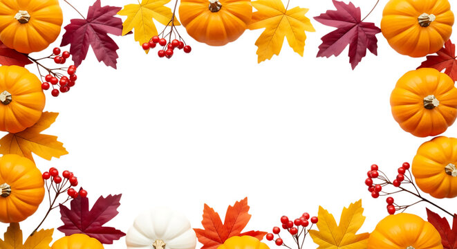 Autumn harvest border featuring pumpkins maple leaves and berries isolated on transparent background - Powered by Adobe