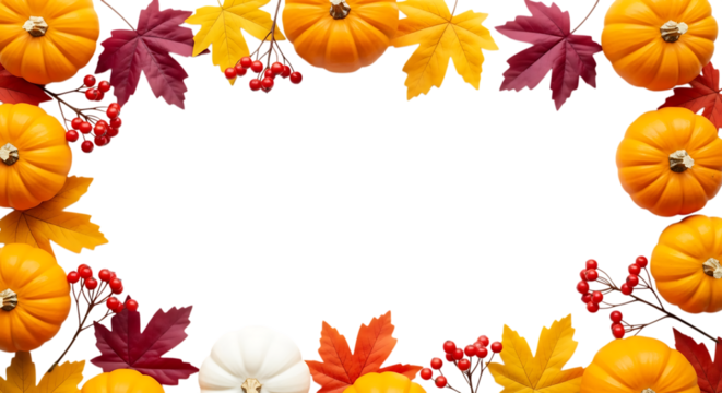 Autumn harvest border featuring pumpkins maple leaves and berries isolated on transparent background