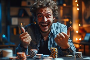 young businessman working at the office desk, playing online games on the phone, participating in lotteries, and placing bets, celebrating victory with a hand gesture, enthusiasm, Generative AI