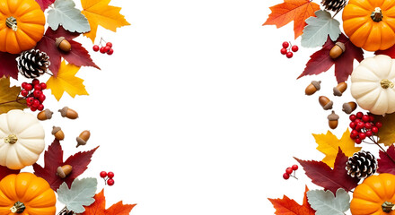 Autumn harvest border with pumpkins leaves acorns and pinecones isolated on transparent background
