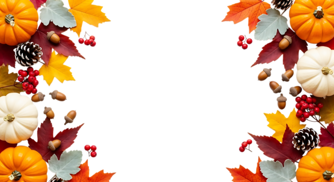 Autumn harvest border with pumpkins leaves acorns and pinecones isolated on transparent background