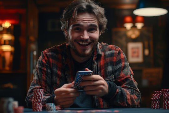 young businessman working at the office desk, playing online games on the phone, participating in lotteries, and placing bets, celebrating victory with a hand gesture, enthusiasm, Generative AI